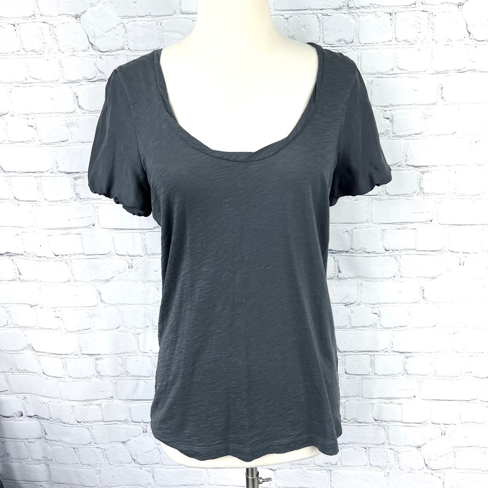 J. CREW•| Dark Grey Swoop Neck Short Bubble Sleeve Top Blouse Size Small